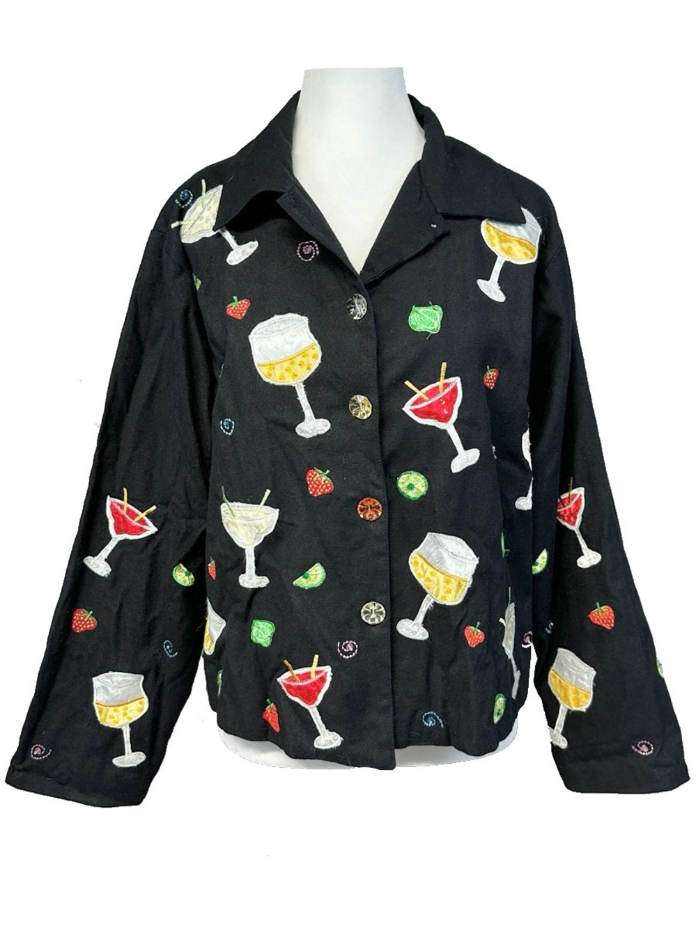 Vintage Pushpa Embroidered Cocktail Black Cotton Jacket Med Party Resort Cruise